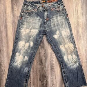 Y2K Akademiks Patchwork Distressed Denim Embroidered Logos Size 36x27 Mens